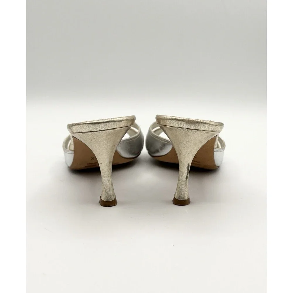 Manolo Blahnik Silver & Gold Metallic Kitten Heel Mules Vintage Size EU 35.5